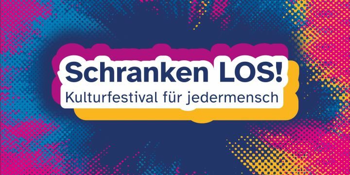 Schriftzug "Schranken Los! Kulturfestival für jedermensch" auf dunkelblauem Hintergrund auf dem buntes Raster explosionsartig nach außen strömt