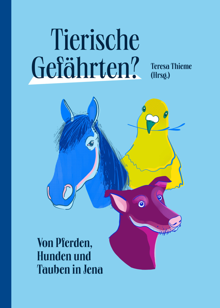 Coverbild. Hund, Taube und Pferd auf blauem Untergrund