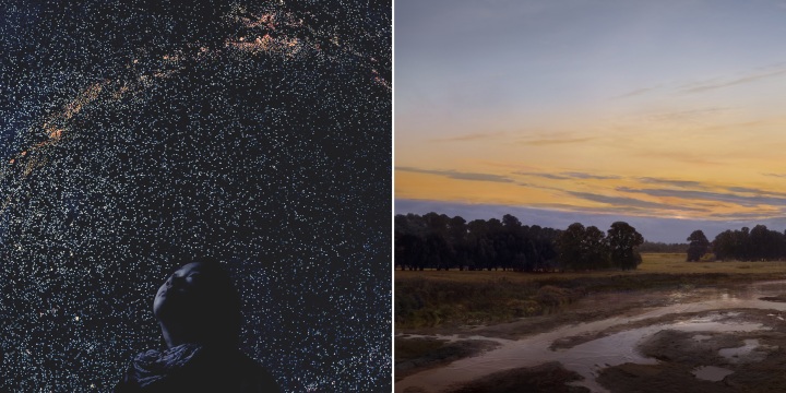 Das Bild zeigt zwei Werke des Künstlers Hiroyuki Masuyama. Links ist ein Sternenhimmel zu sehen, unten eine Frau mit geschlossenen Augen und rechts ist eine bewaldete Landschaft zu erkennen. 